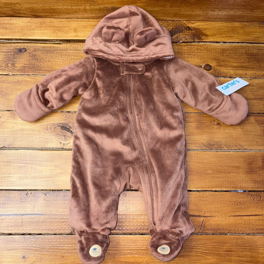 Carter's Newborn NB Brown Bear Fleece Hooded Bunting One Piece Winter NEW